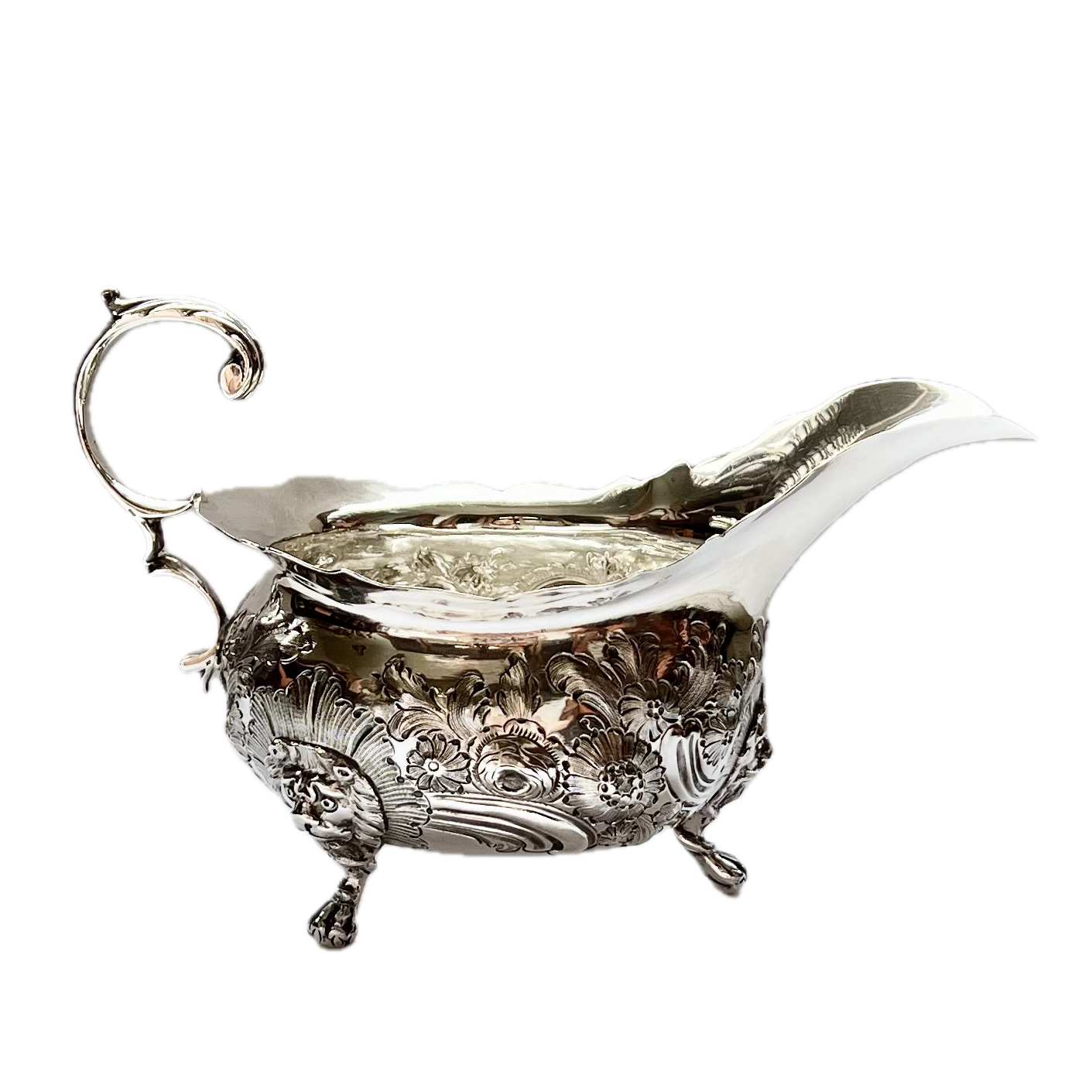 Substantial early Victorian crested sterling silver gravy or sauce boat. John Wellby, London, 1843