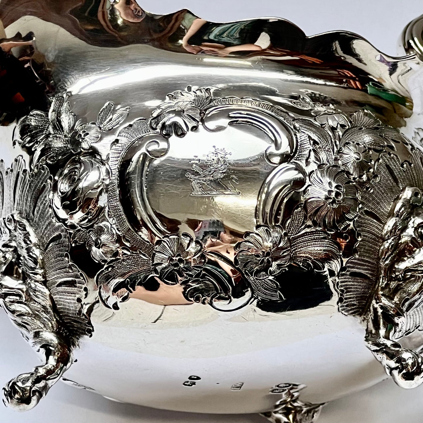 Substantial early Victorian crested sterling silver gravy or sauce boat. John Wellby, London, 1843