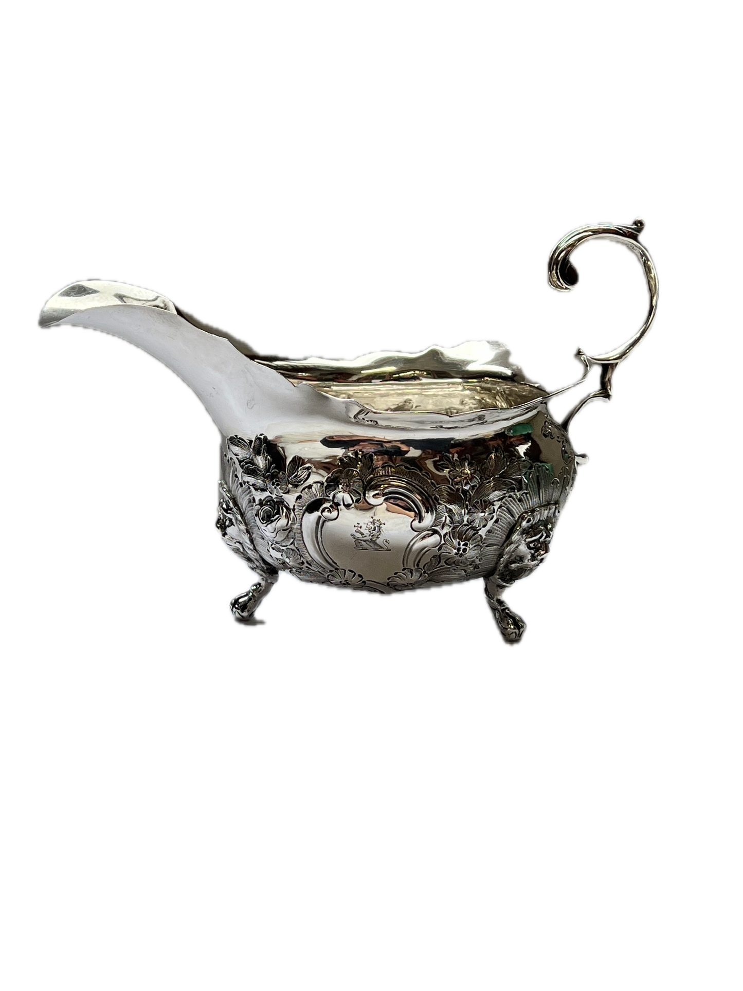 Substantial early Victorian crested sterling silver gravy or sauce boat. John Wellby, London, 1843