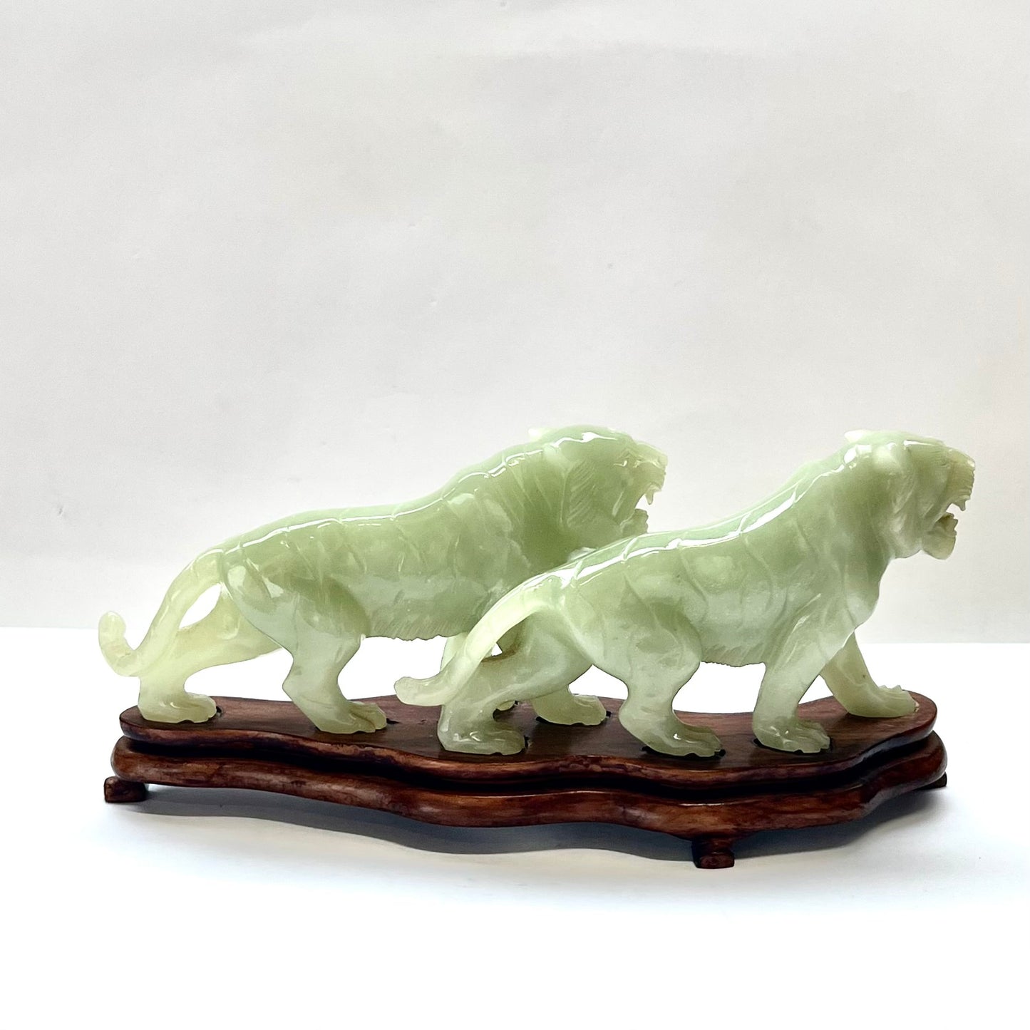 Early to Mid 20th century Celadon Nephrite Jade Statuette of Two Tigers