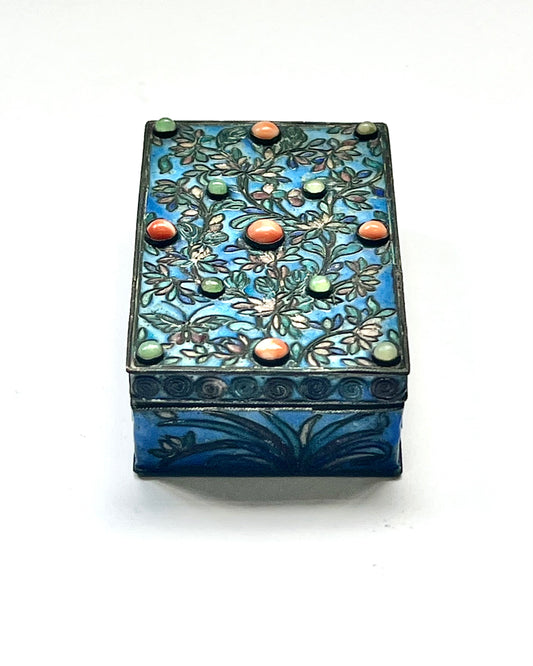 Mid to Late Qing dynasty enamel, coral and jade box with white metal base, Chinese Domestic possibly Export Trade