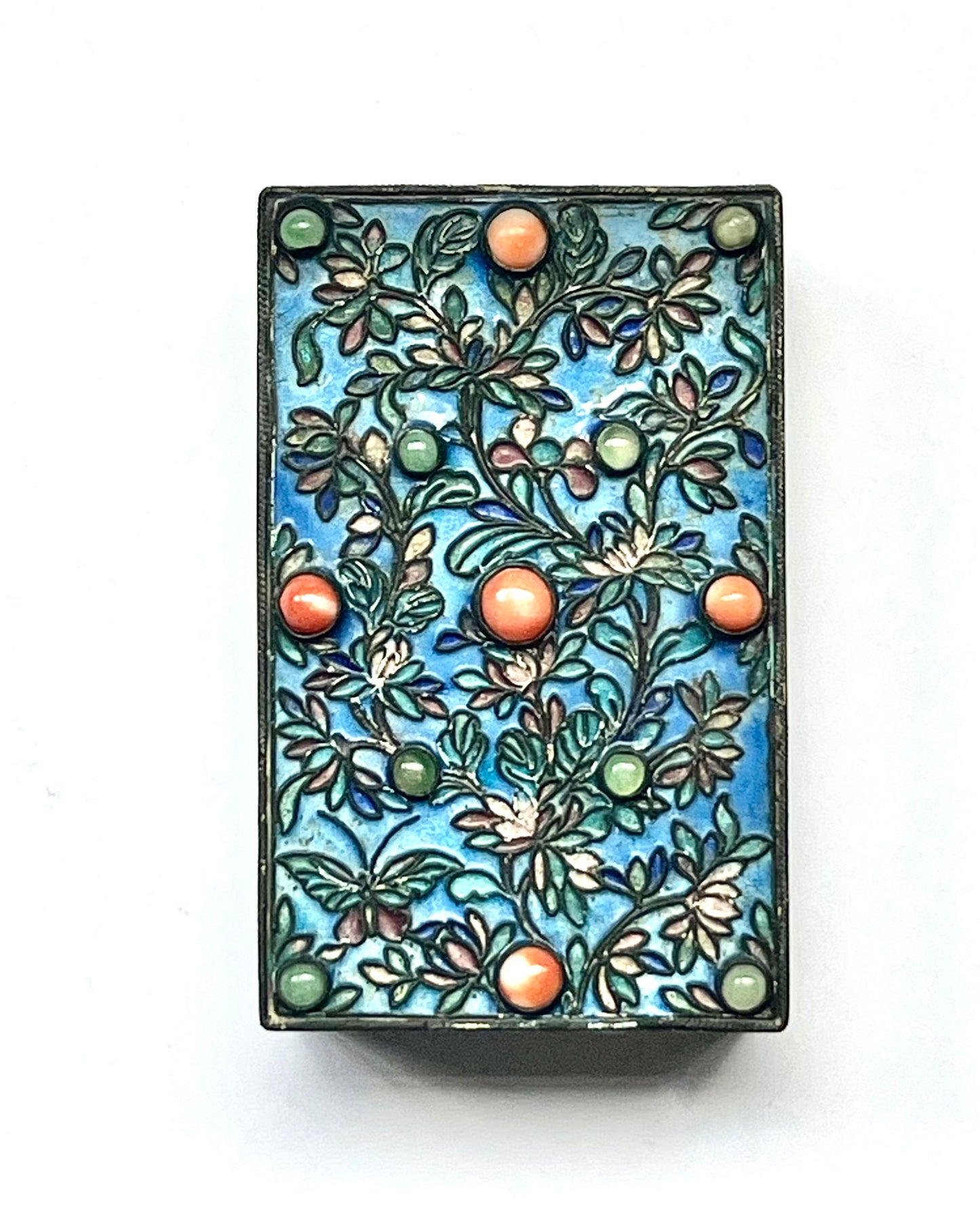 Mid to Late Qing dynasty enamel, coral and jade box with white metal base, Chinese Domestic possibly Export Trade