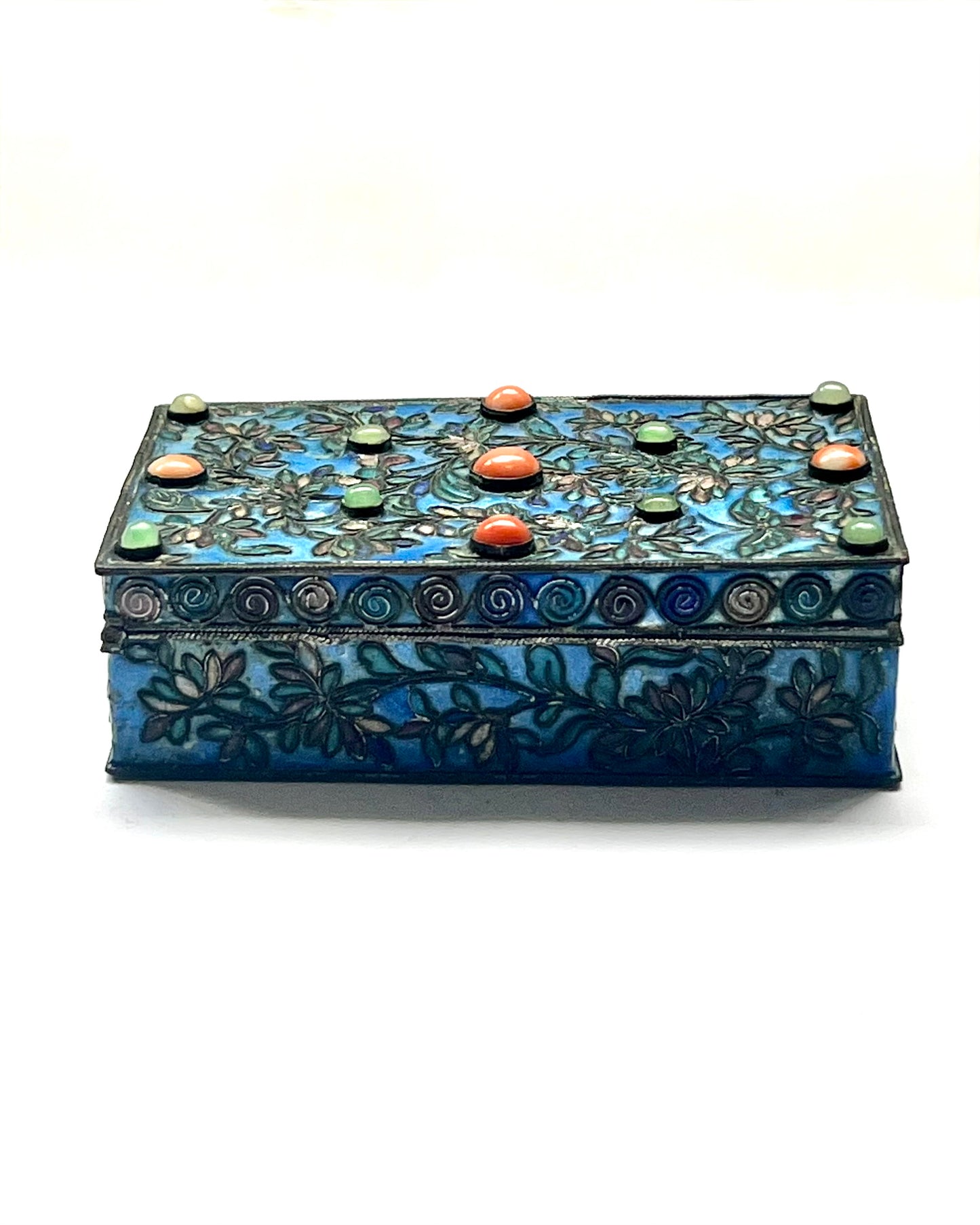 Mid to Late Qing dynasty enamel, coral and jade box with white metal base, Chinese Domestic possibly Export Trade