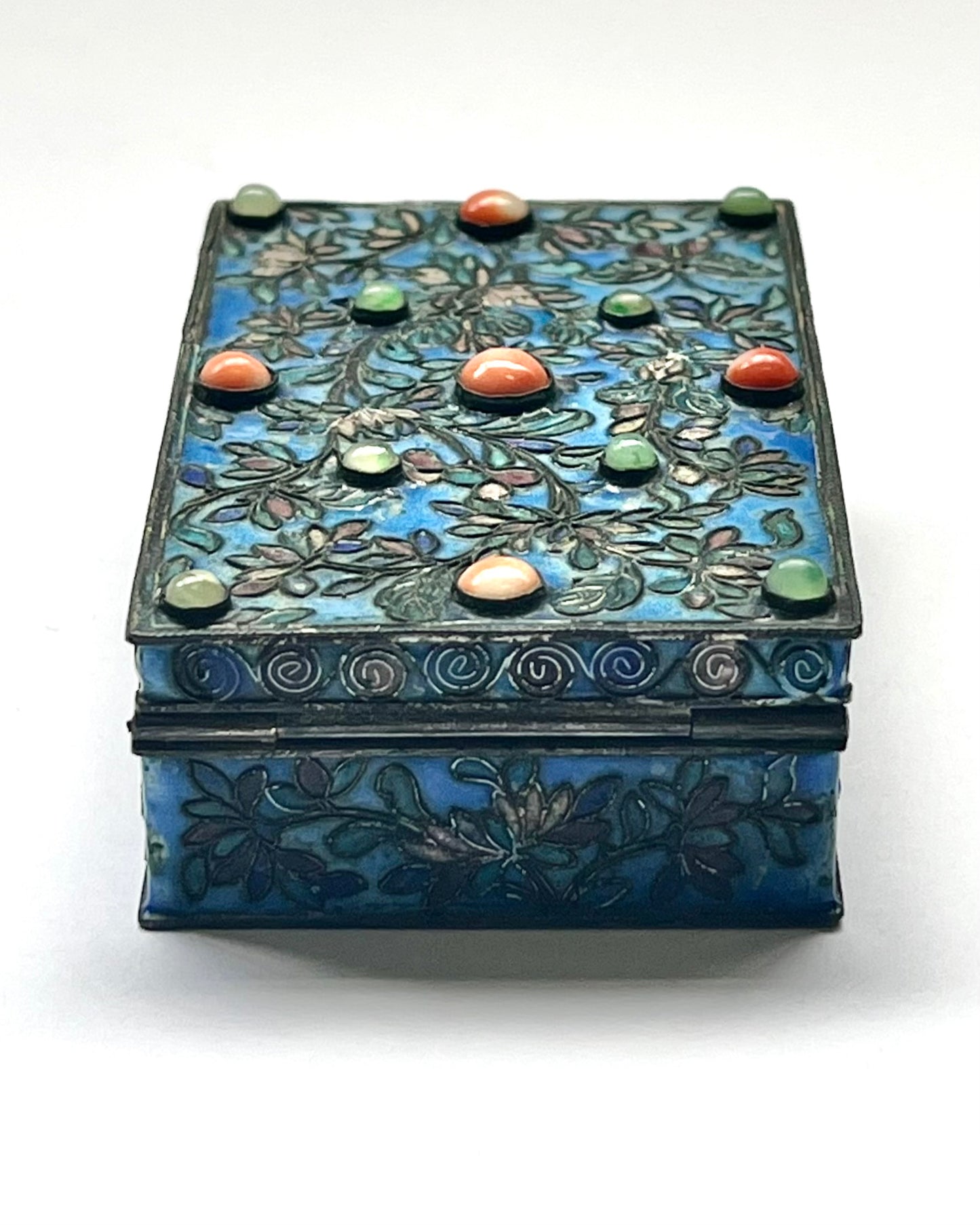 Mid to Late Qing dynasty enamel, coral and jade box with white metal base, Chinese Domestic possibly Export Trade