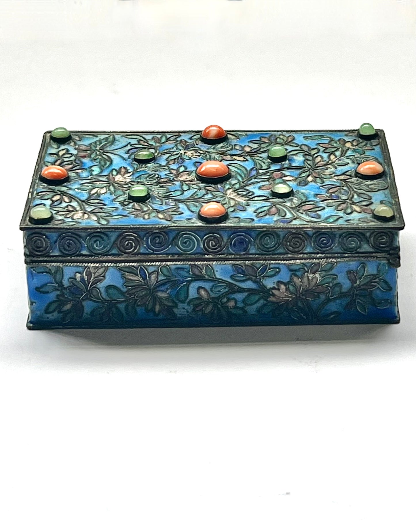 Mid to Late Qing dynasty enamel, coral and jade box with white metal base, Chinese Domestic possibly Export Trade