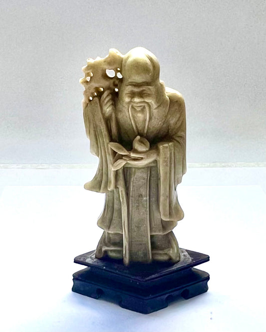 Vintage Chinese Lantian Jade figurine of Shou Lao, the god of longevity. Serpentine