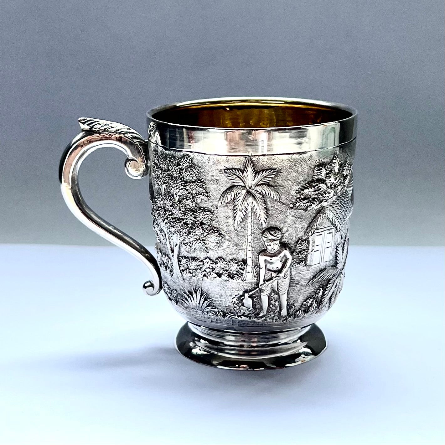 Antique Anglo-Indian Calcutta silver christening cup by renowned silversmith Grish Chunder Dutt