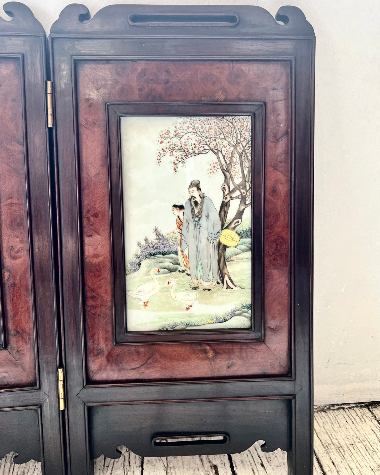 Antique Chinese porcelain and timber table screen, likely late Qing to early Republic period (circa 1900s-1930s)