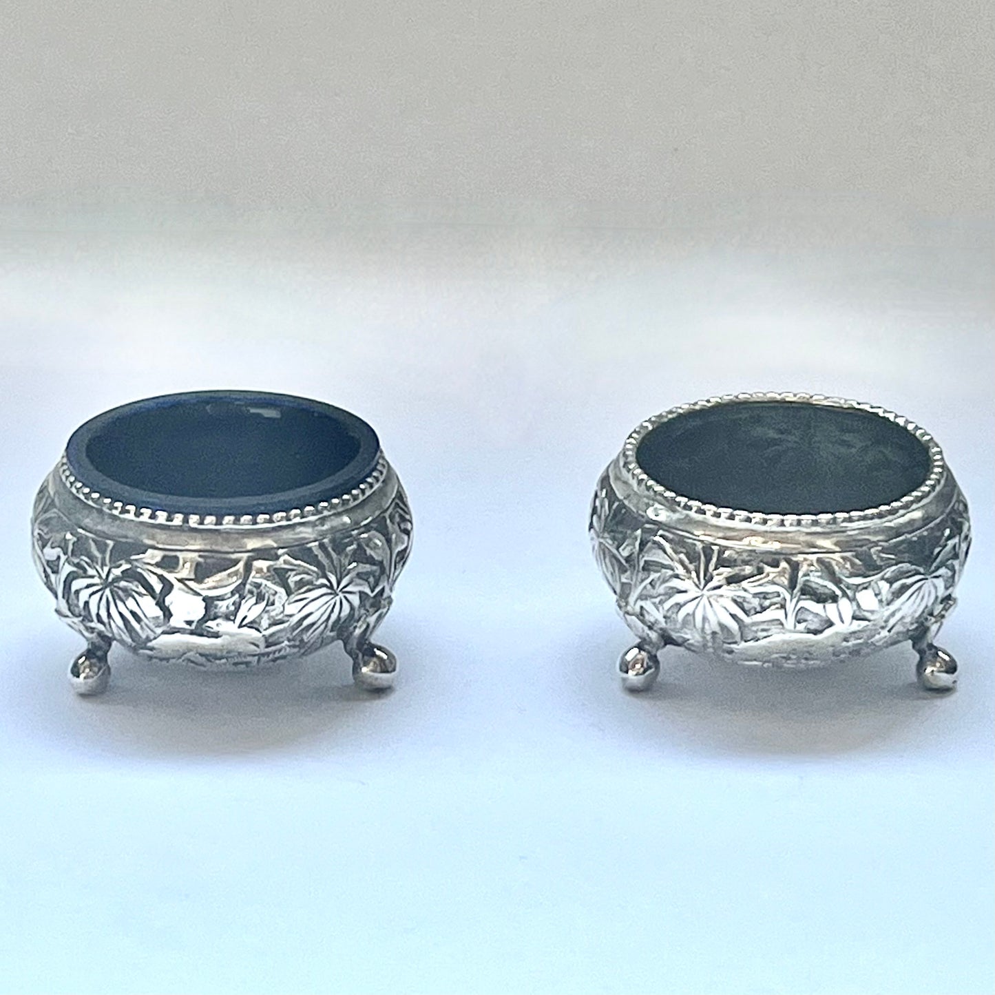 Pair of antique Anglo-Indian Lucknow silver salt cellars, circa late 19th century