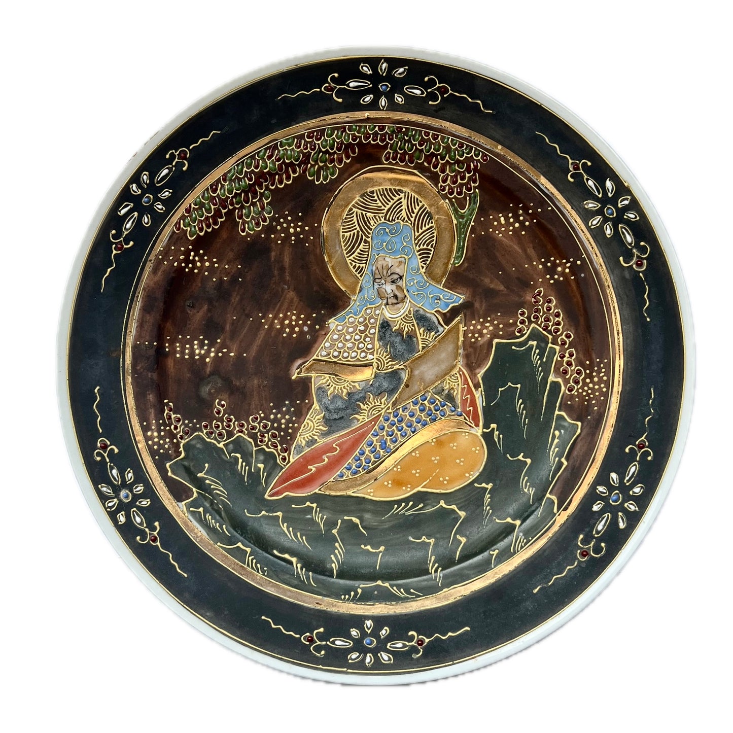 20 世纪复古日本盘子，采用名古屋萨摩传统手绘，带有凹凸珐琅和丰富的镀金细节