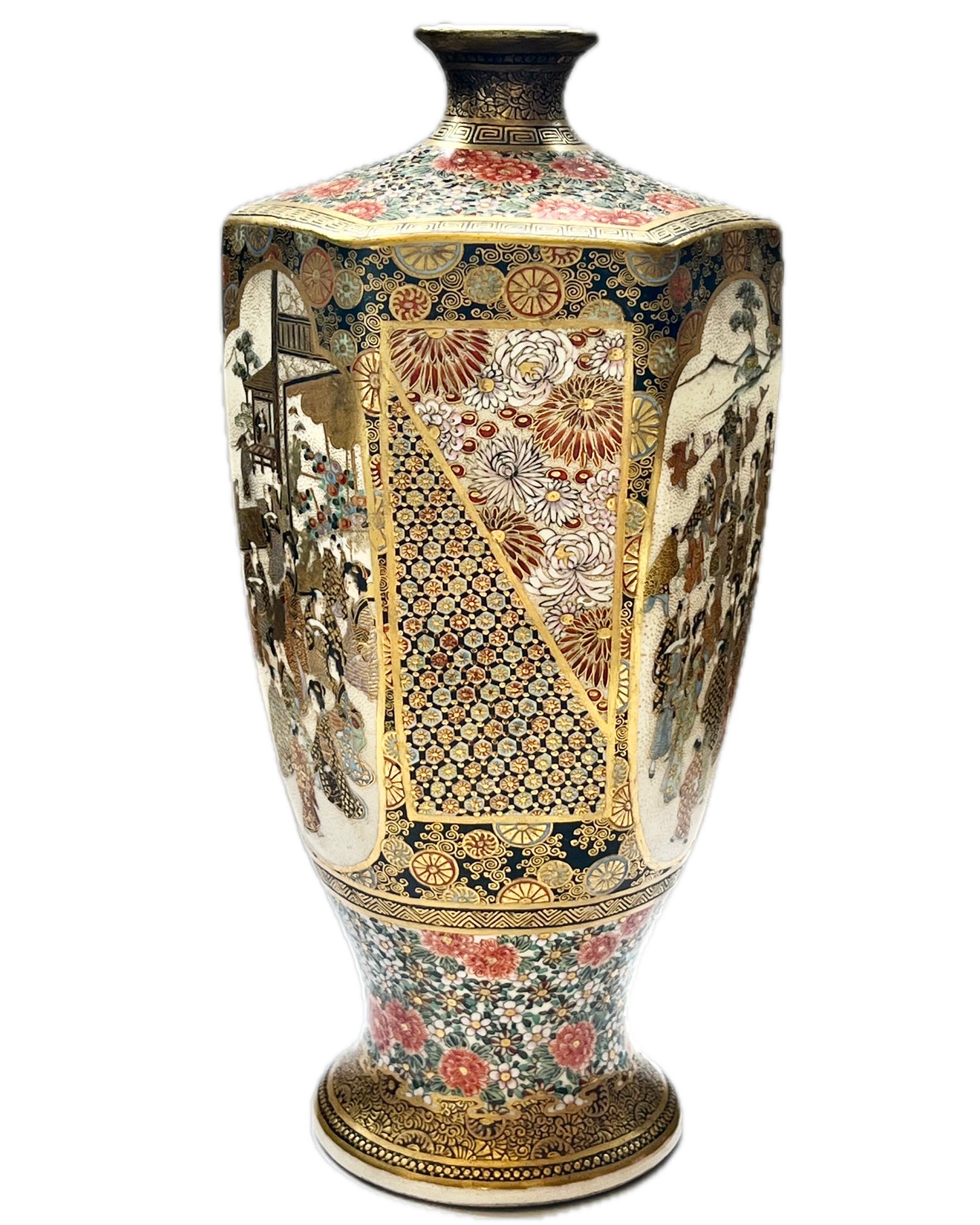 Antique Japanese Meiji period Satsuma hexagonal vase by Kozan circa mid to late 19th century (1860s to 1890s)
