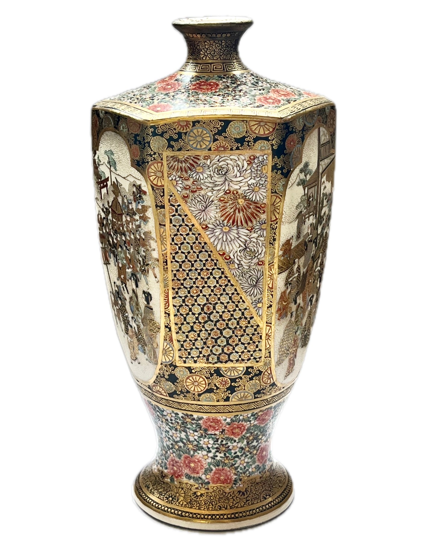 日本明治时期古董萨摩六角花瓶，由 Kozan 制作，约 19 世纪中后期（19 世纪 60 年代至 19 世纪 90 年代）