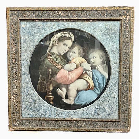 古董 1910 年代至 1920 年代版画，带原始画框，仿照拉斐尔的《静修圣母》或《夜间圣母》。