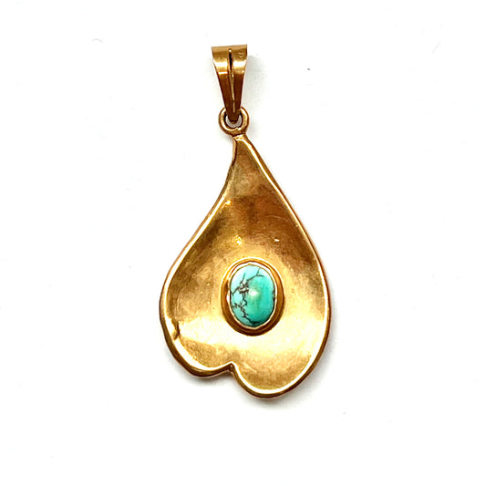 Vintage Egyptian 18 ct gold and turquoise naturalistic leaf-form pendant