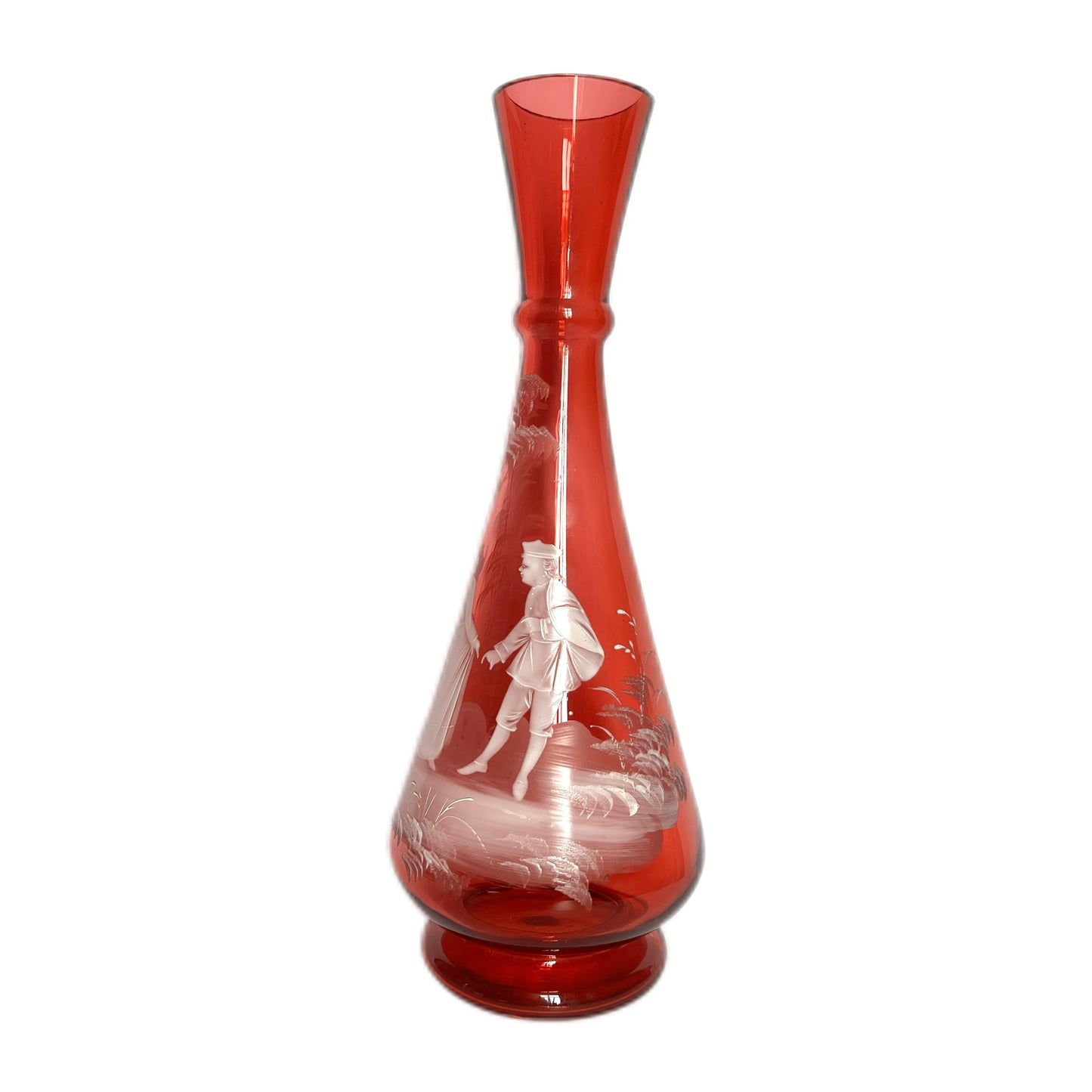 Jarrón antiguo de cristal color arándano soplado a mano de Mary Gregory, circa 1880-1900.