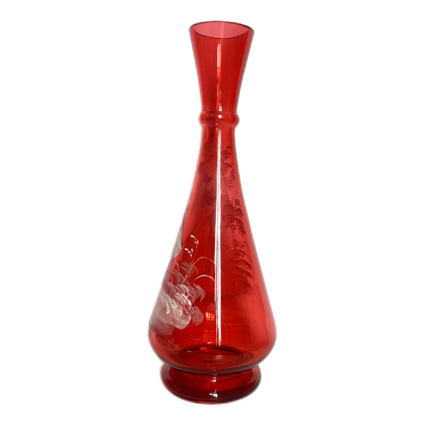 Jarrón antiguo de cristal color arándano soplado a mano de Mary Gregory, circa 1880-1900.