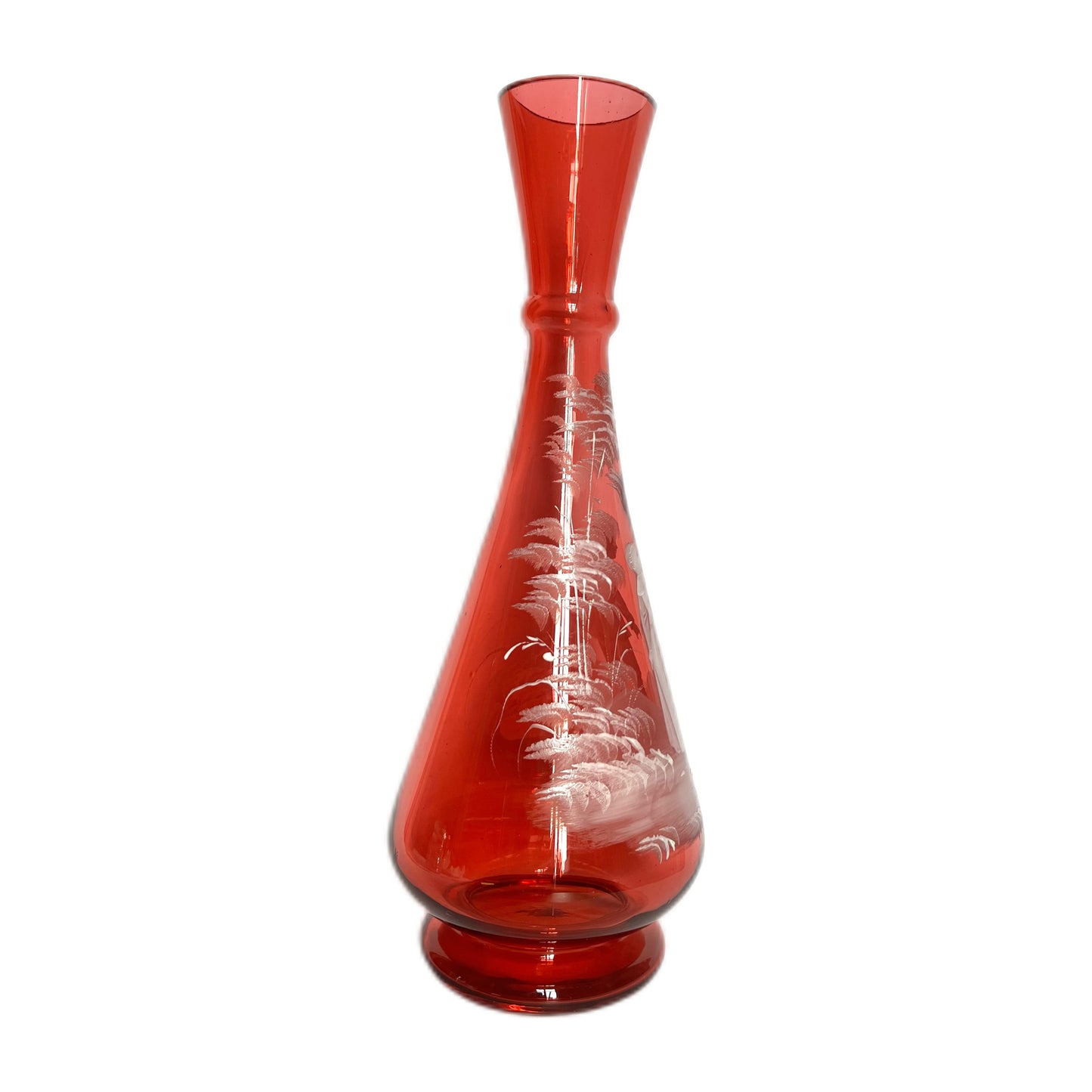 Jarrón antiguo de cristal color arándano soplado a mano de Mary Gregory, circa 1880-1900.