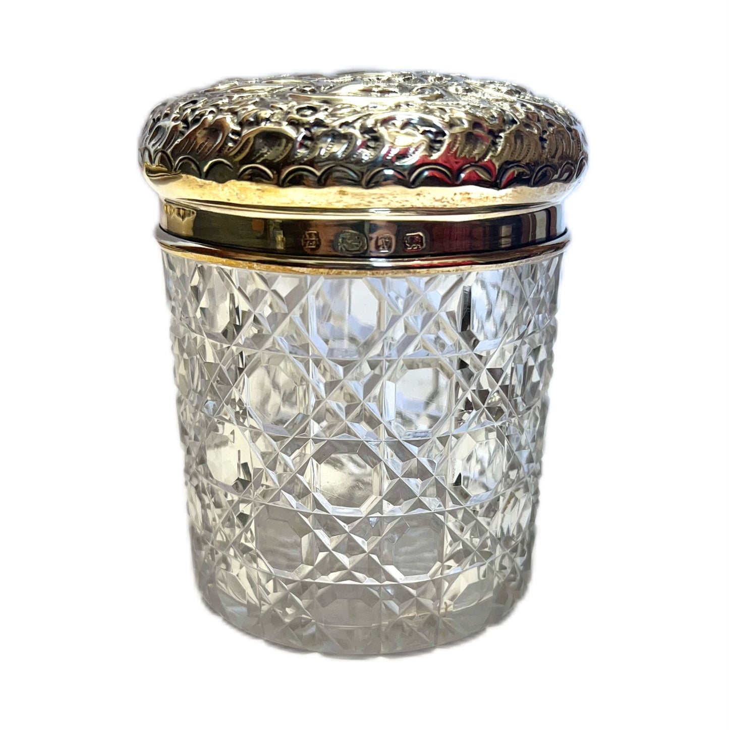Late Victorian sterling silver and cut glass toiletry jar