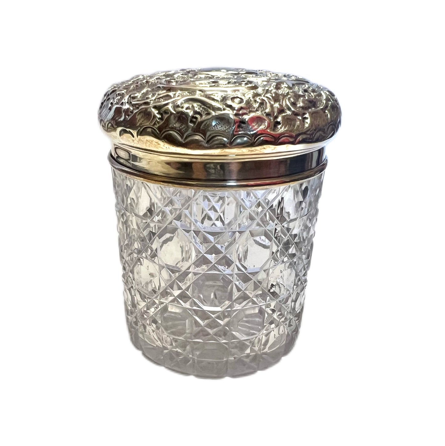 Late Victorian sterling silver and cut glass toiletry jar