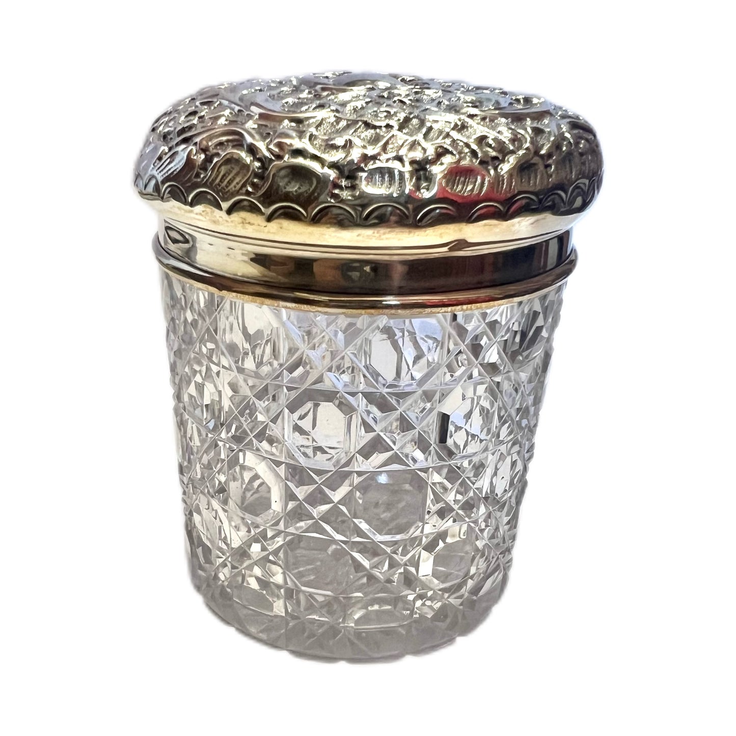 Late Victorian sterling silver and cut glass toiletry jar