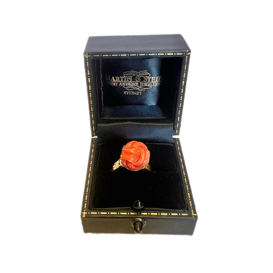 Exception 18k Italian gold and antique coral knot ring