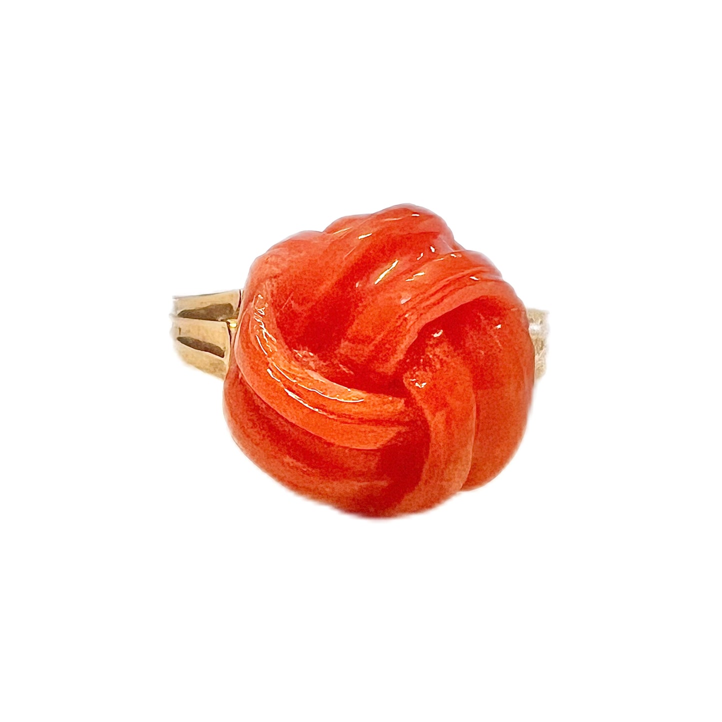 Exception 18k Italian gold and antique coral knot ring