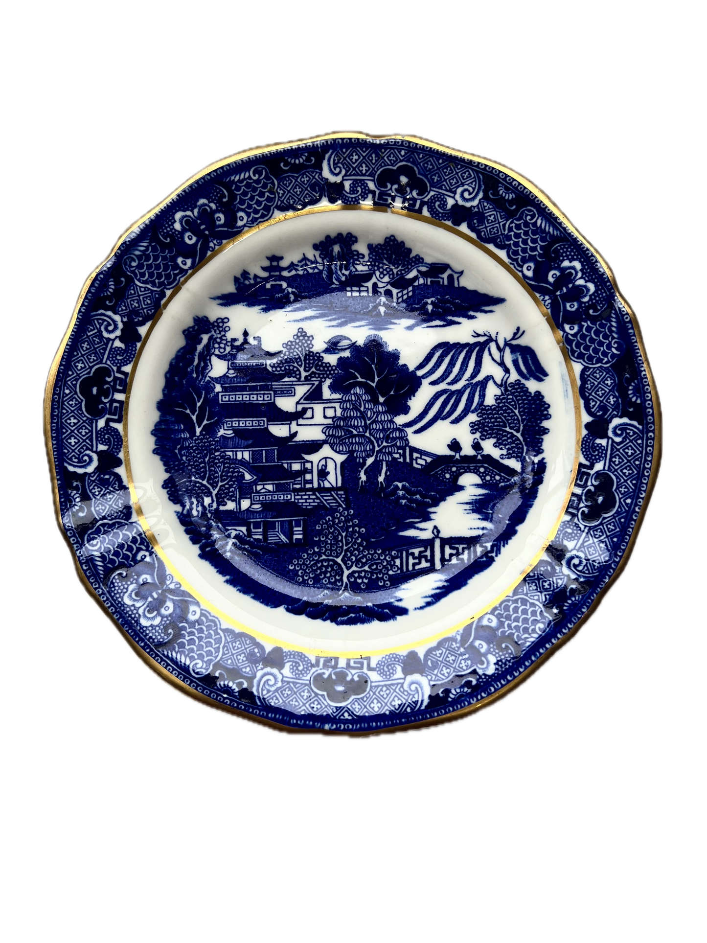 Antique early English Blue Willow pattern plate w gilt details, circa 1850.George Grainger and Co.