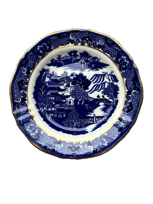 Antique early English Blue Willow pattern plate w gilt details, circa 1850.George Grainger and Co.