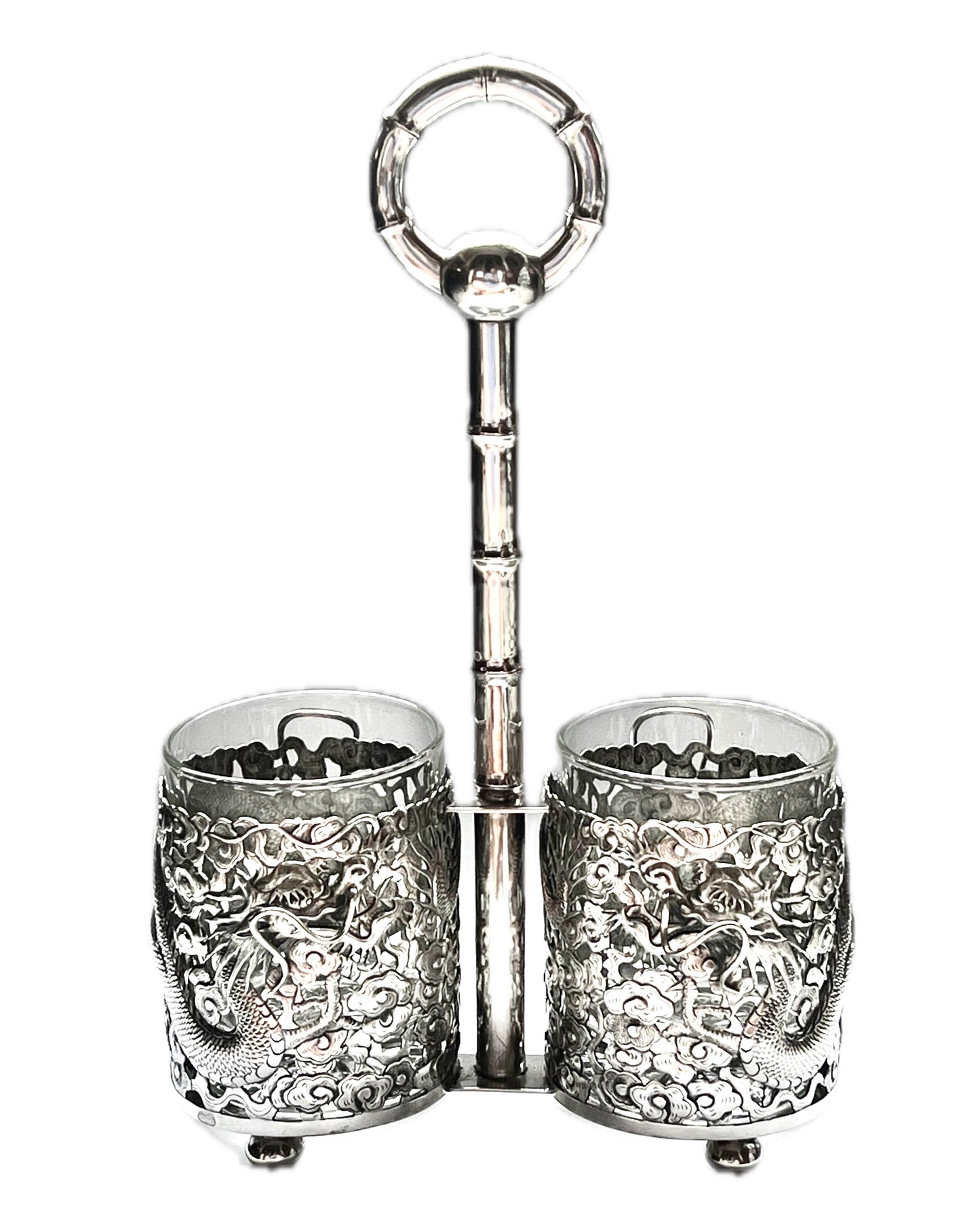 Antique Chinese export silver Dragon Motif twin drinks or bottle holder, with marks for Shao Ying Tang and Zee Sung