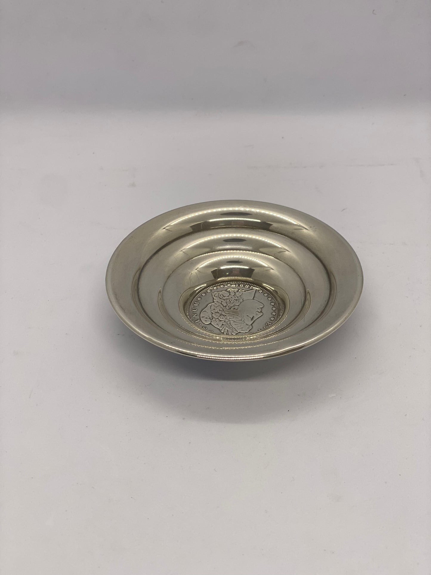 Vintage Sterling silver trinket dish or pin dish with Silver US 1891 Dollar Coin Base