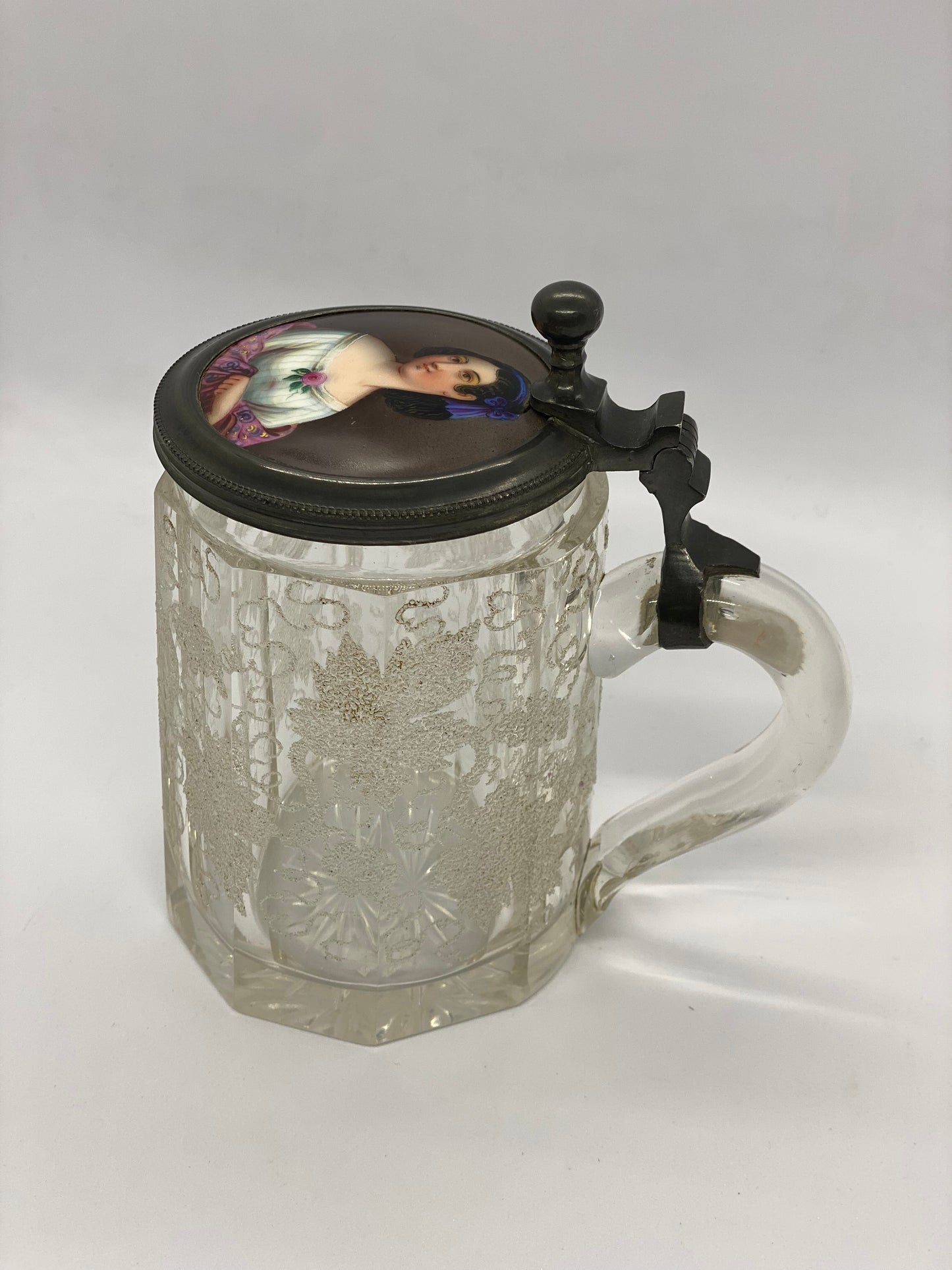 19th c. Continental European Crystal Stein (w/ hand-painted porcelain plaque)