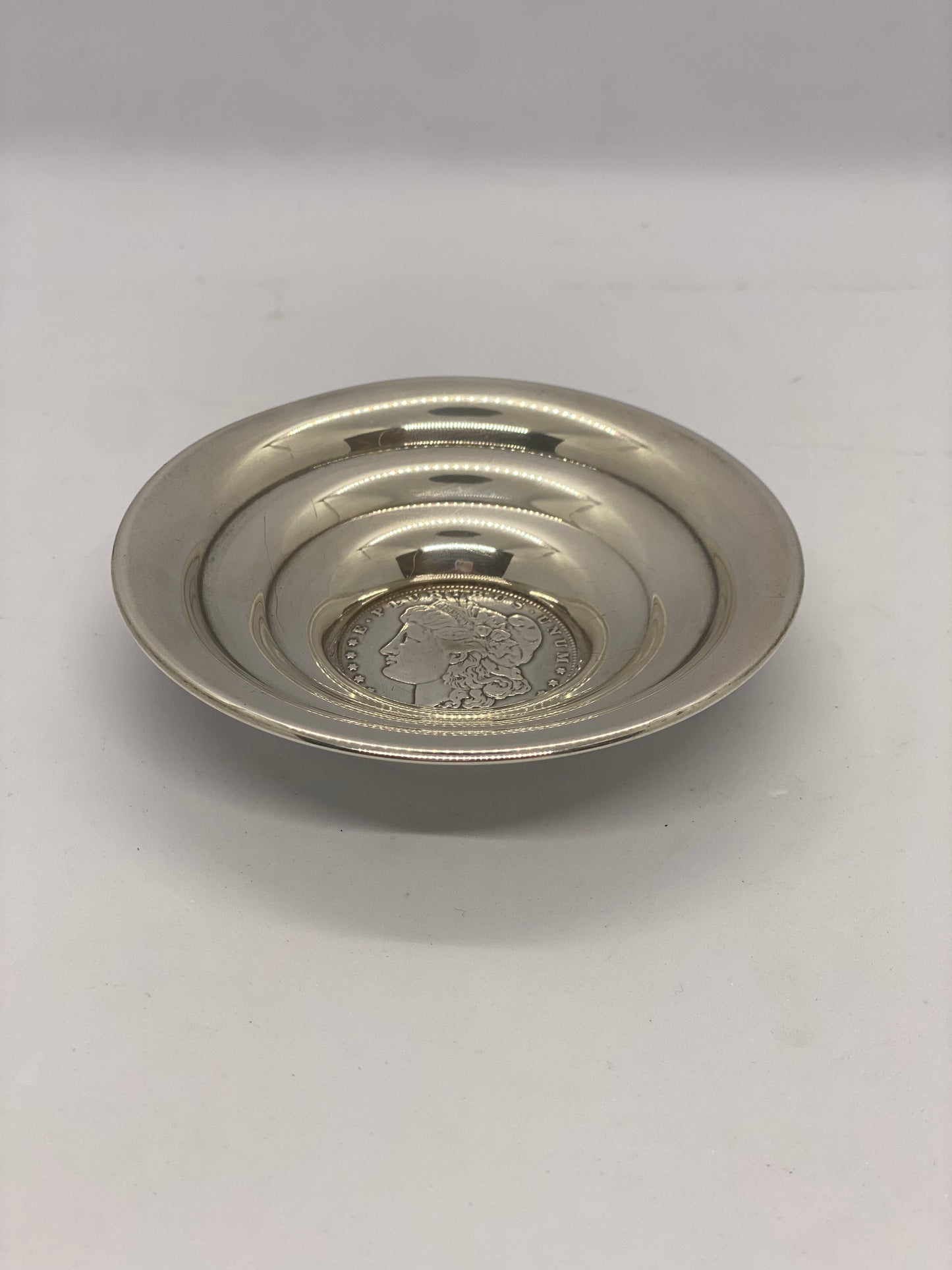 Vintage Sterling silver trinket dish or pin dish with Silver US 1891 Dollar Coin Base