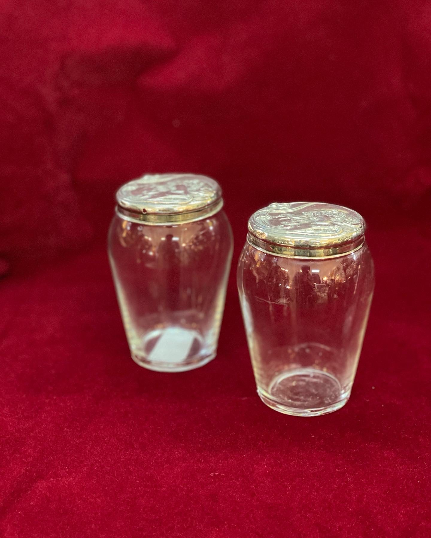 Art Nouveau Toilette Jars with Sterling Silver Lids in the style of Reynolds