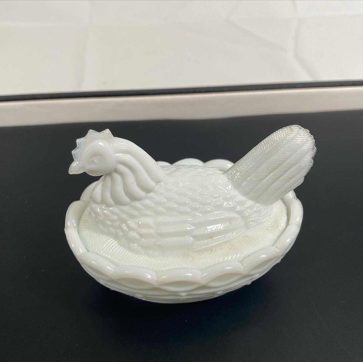 Vintage possibly Antique Small French Opaline Milk Glass Hen on Nest