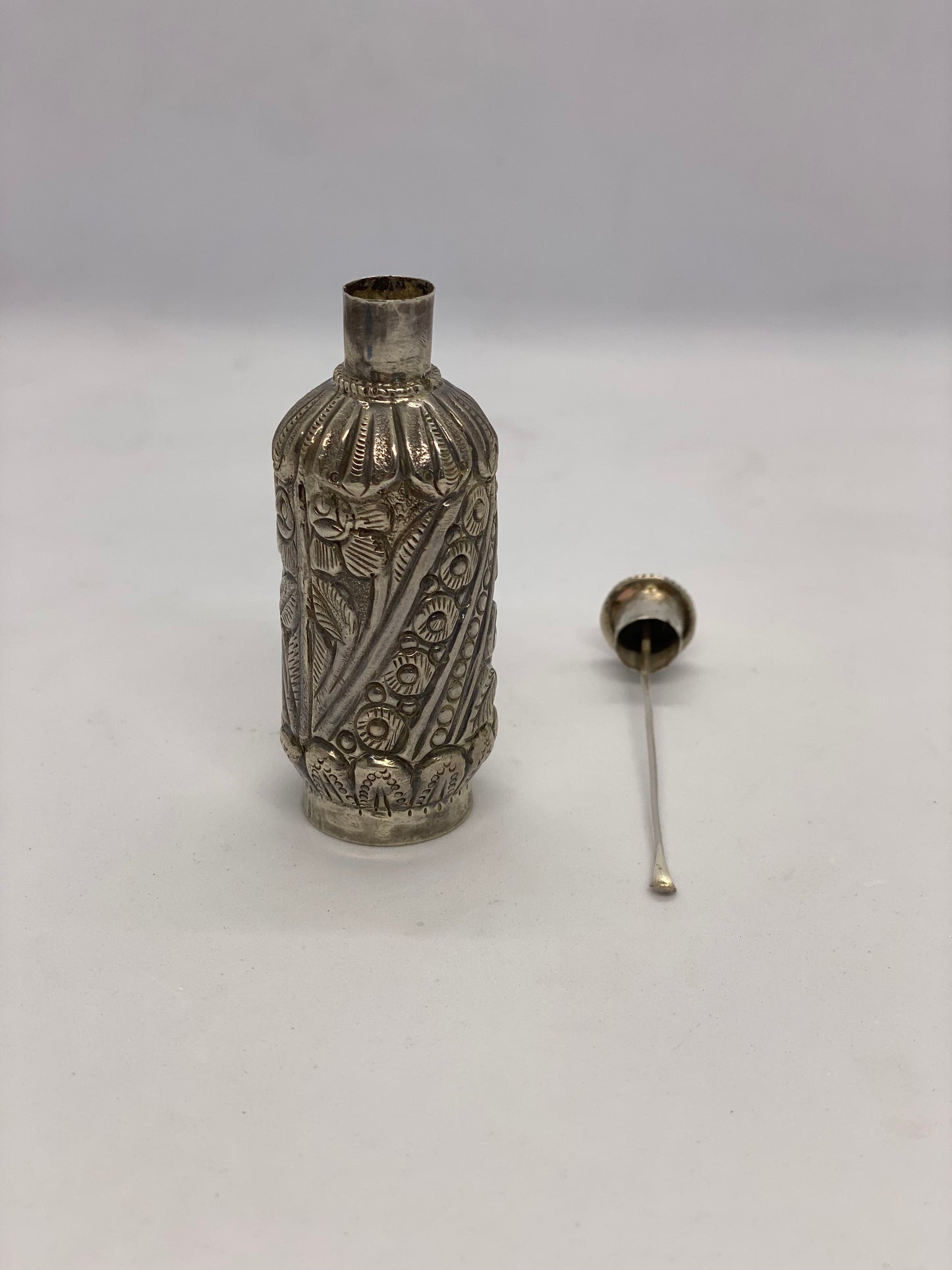 Antique Asian Silver Snuff Bottle, Intricately Detailed