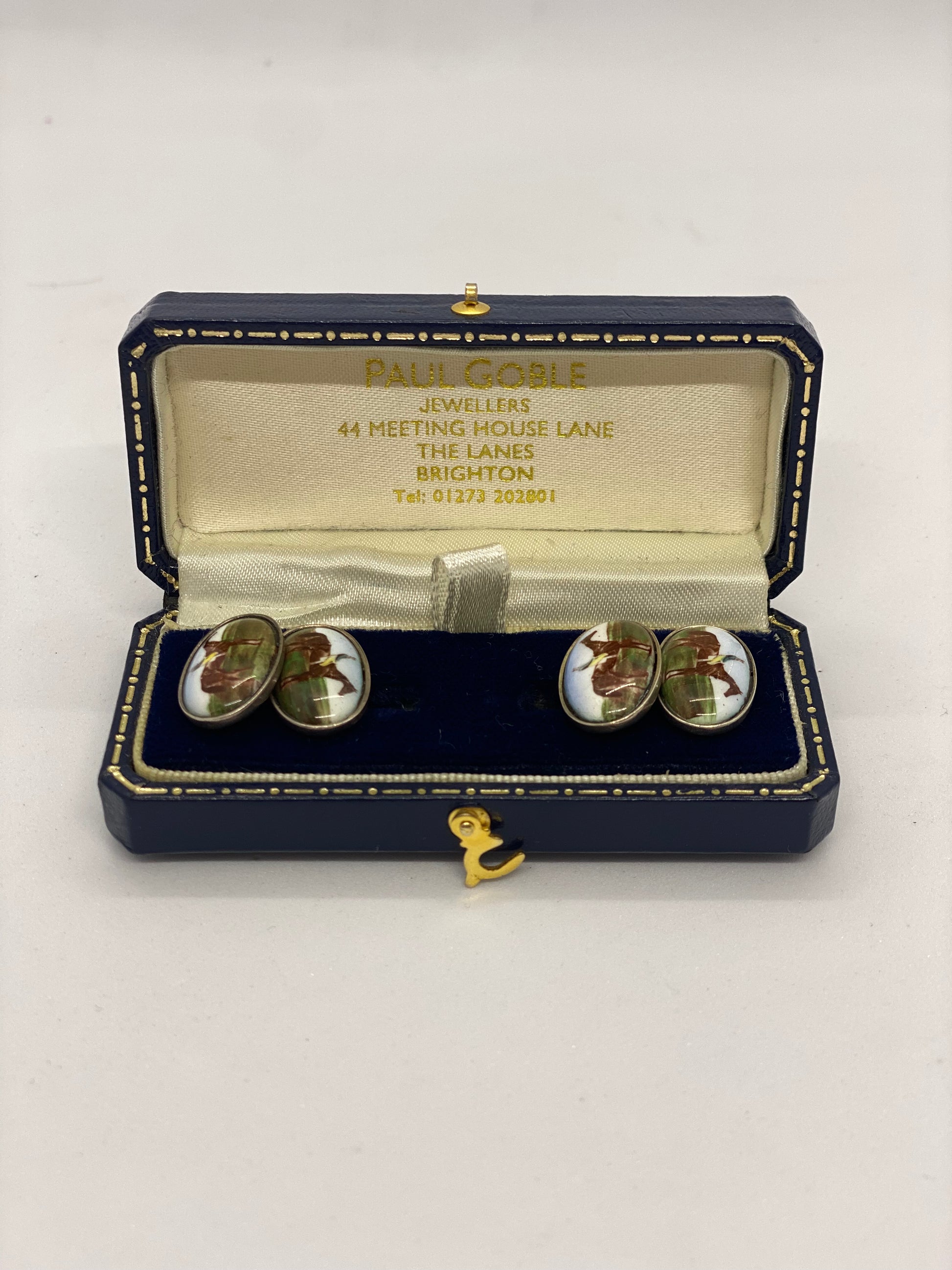 English Sterling Silver and Enamel Equestrian Scene Cufflinks ca