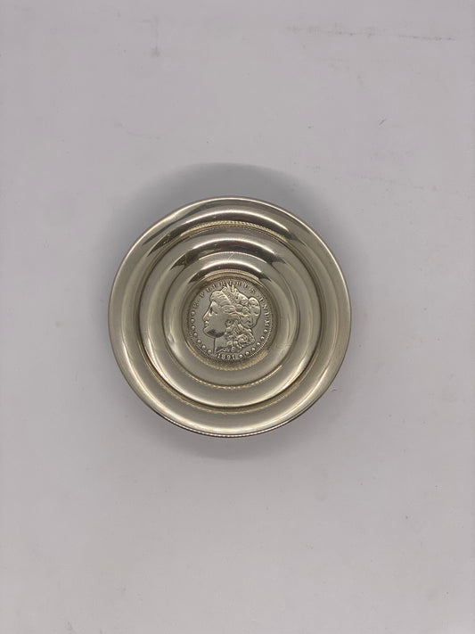 复古纯银饰品盘或别针盘，配银质美国 1891 年一美元硬币底座
