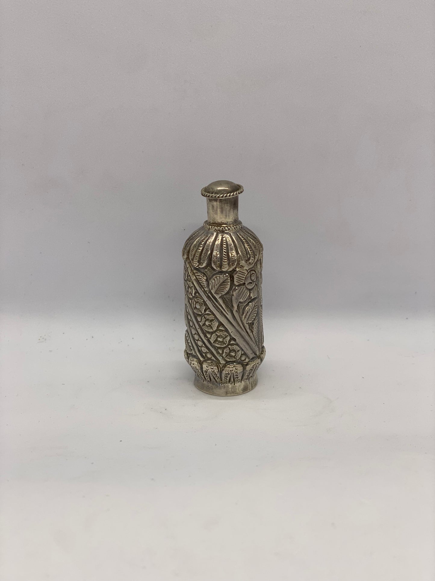 Antique Asian Silver Snuff Bottle, Intricately Detailed