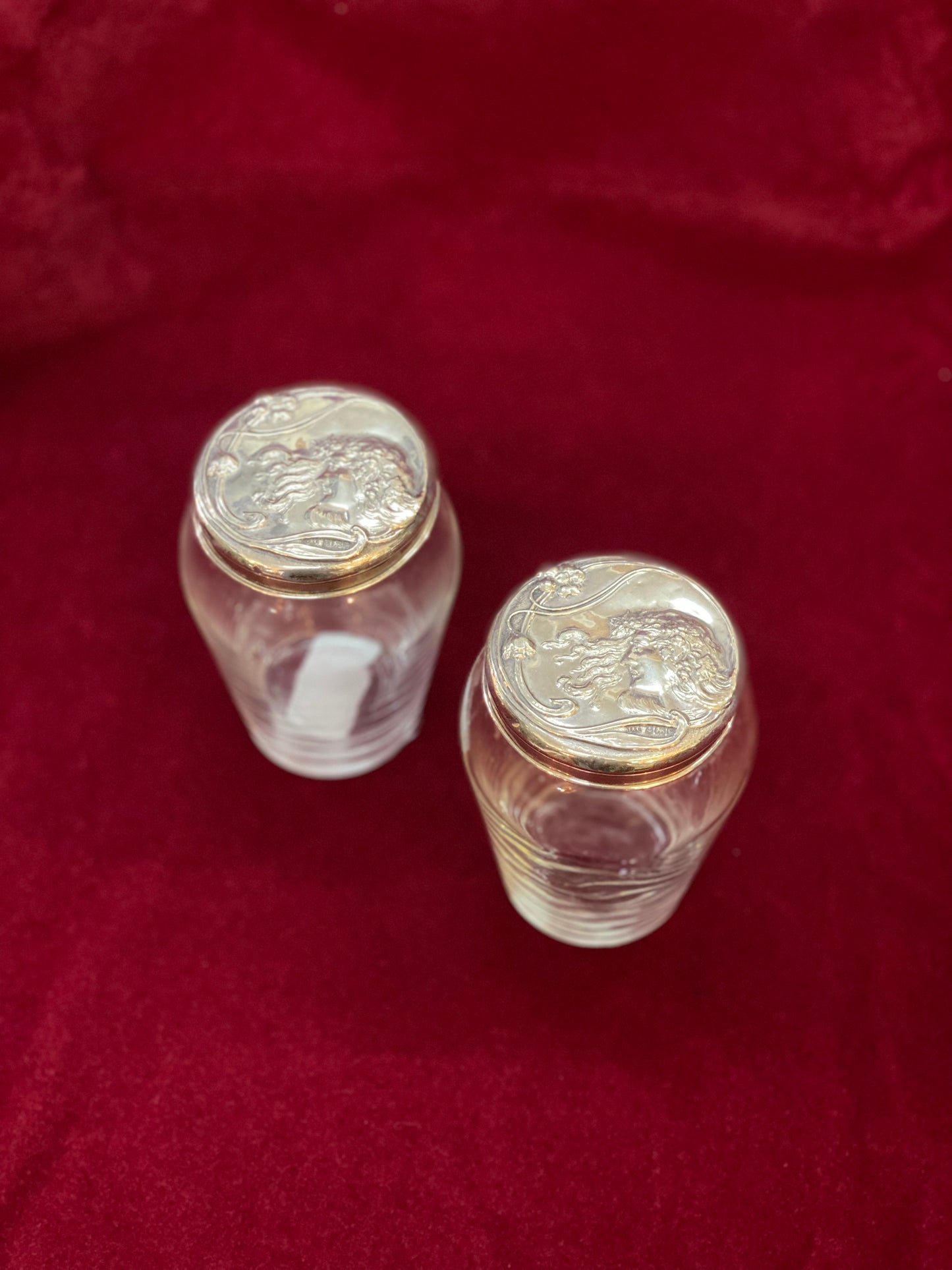 Art Nouveau Toilette Jars with Sterling Silver Lids in the style of Reynolds