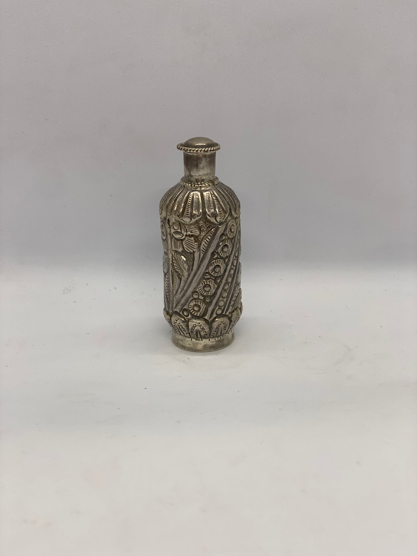 Antique Asian Silver Snuff Bottle, Intricately Detailed