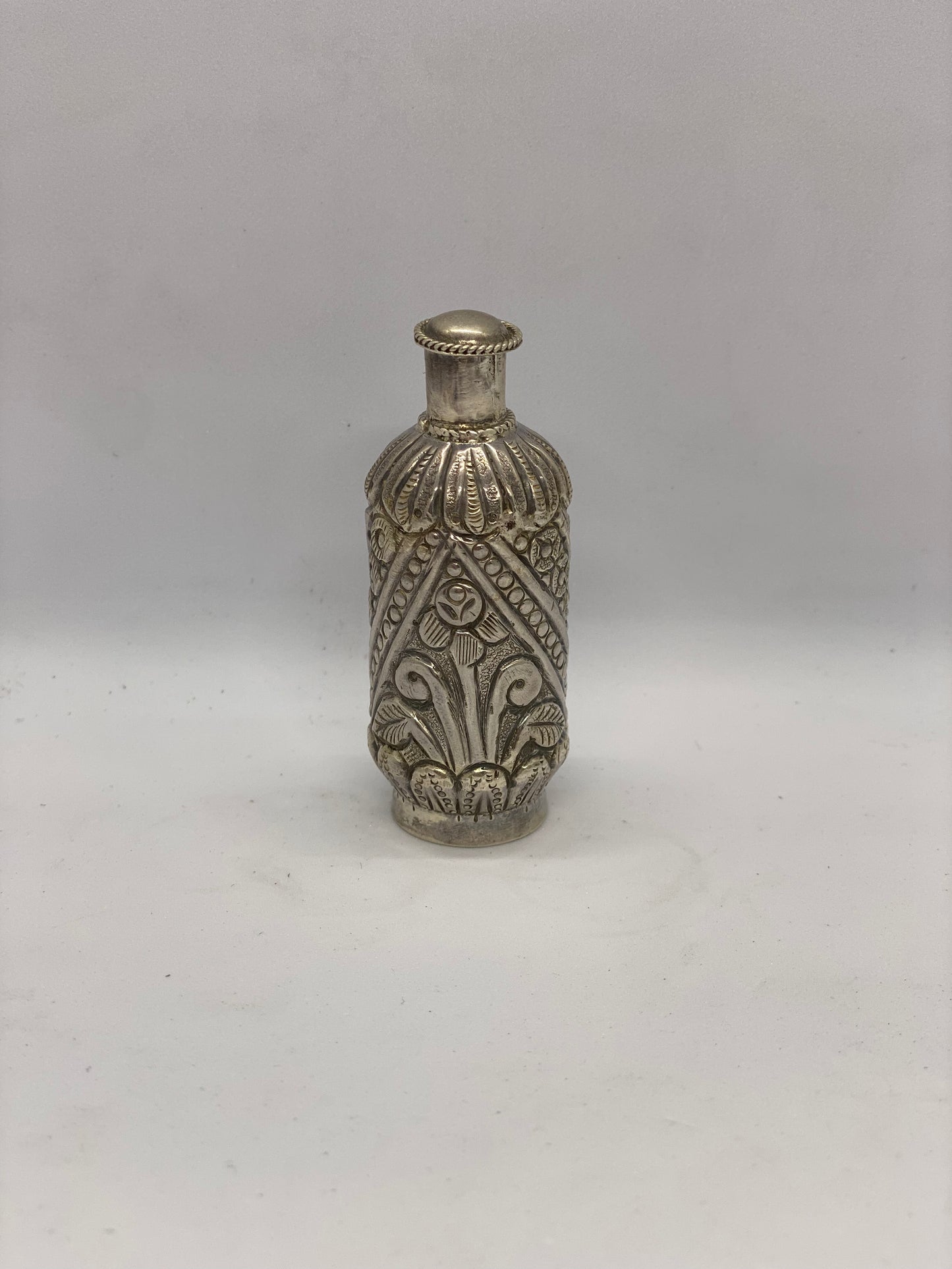 Antique Asian Silver Snuff Bottle, Intricately Detailed