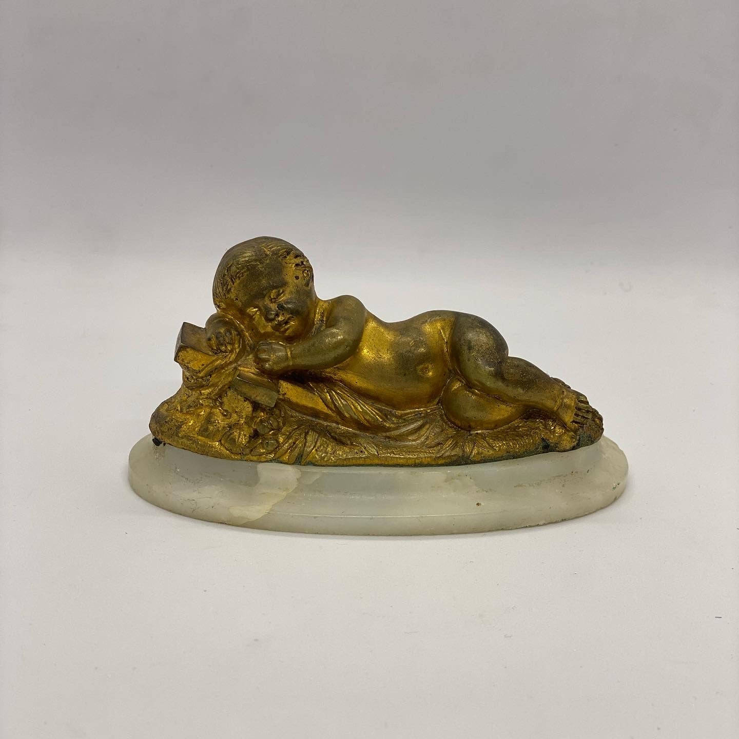 Small and Lovely late 19th c. Gilt Bronze Baby Jesus on Alabaster Base