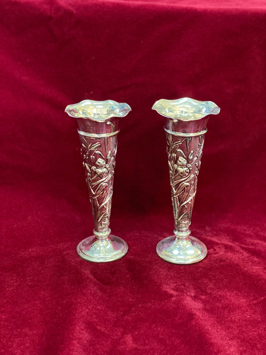 Art Nouveau Hallmarked Sterling Silver Trumpet Vases