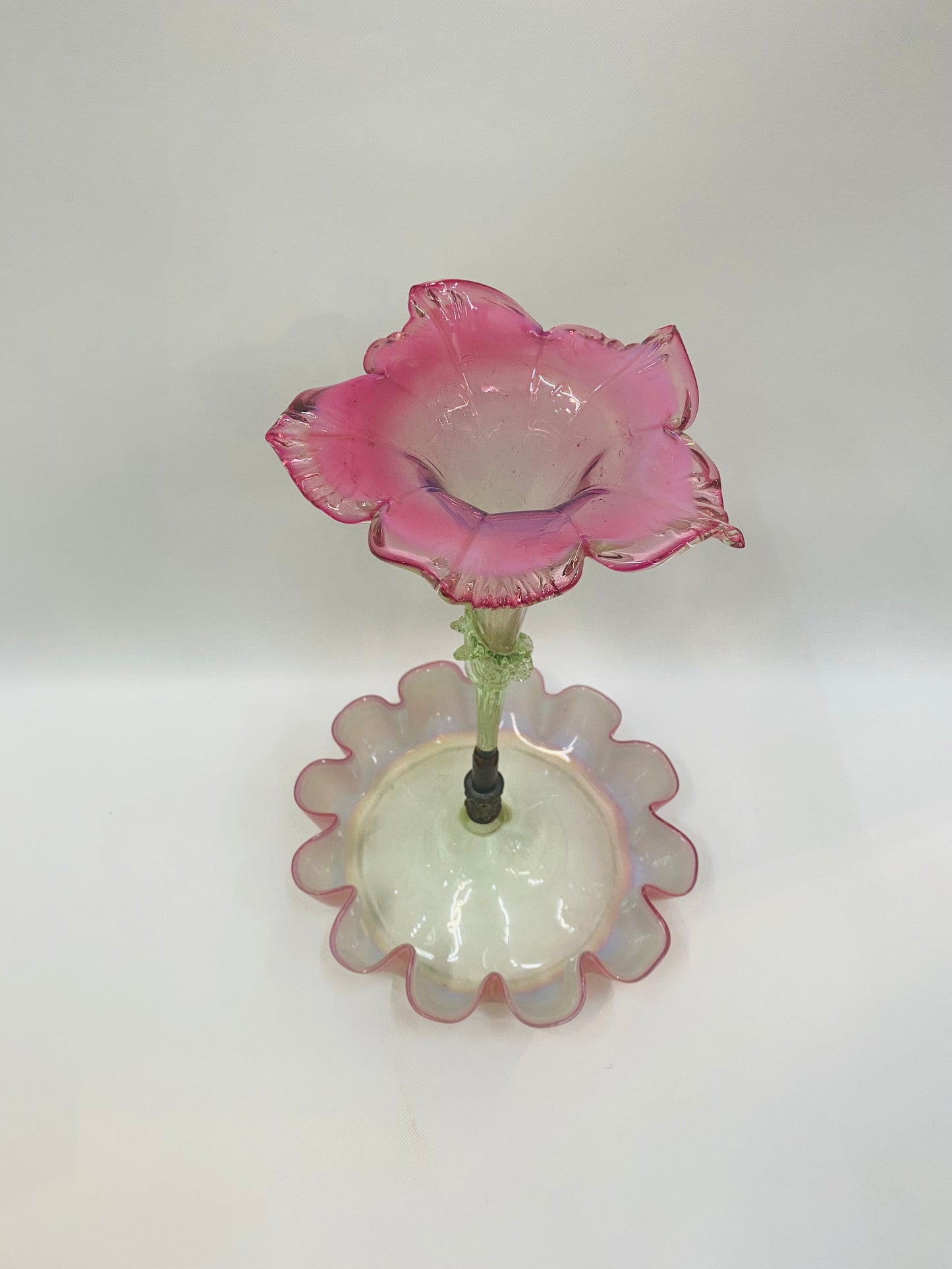 19th century Victorian Cranberry, Vaseline & Opalescent glass epergne