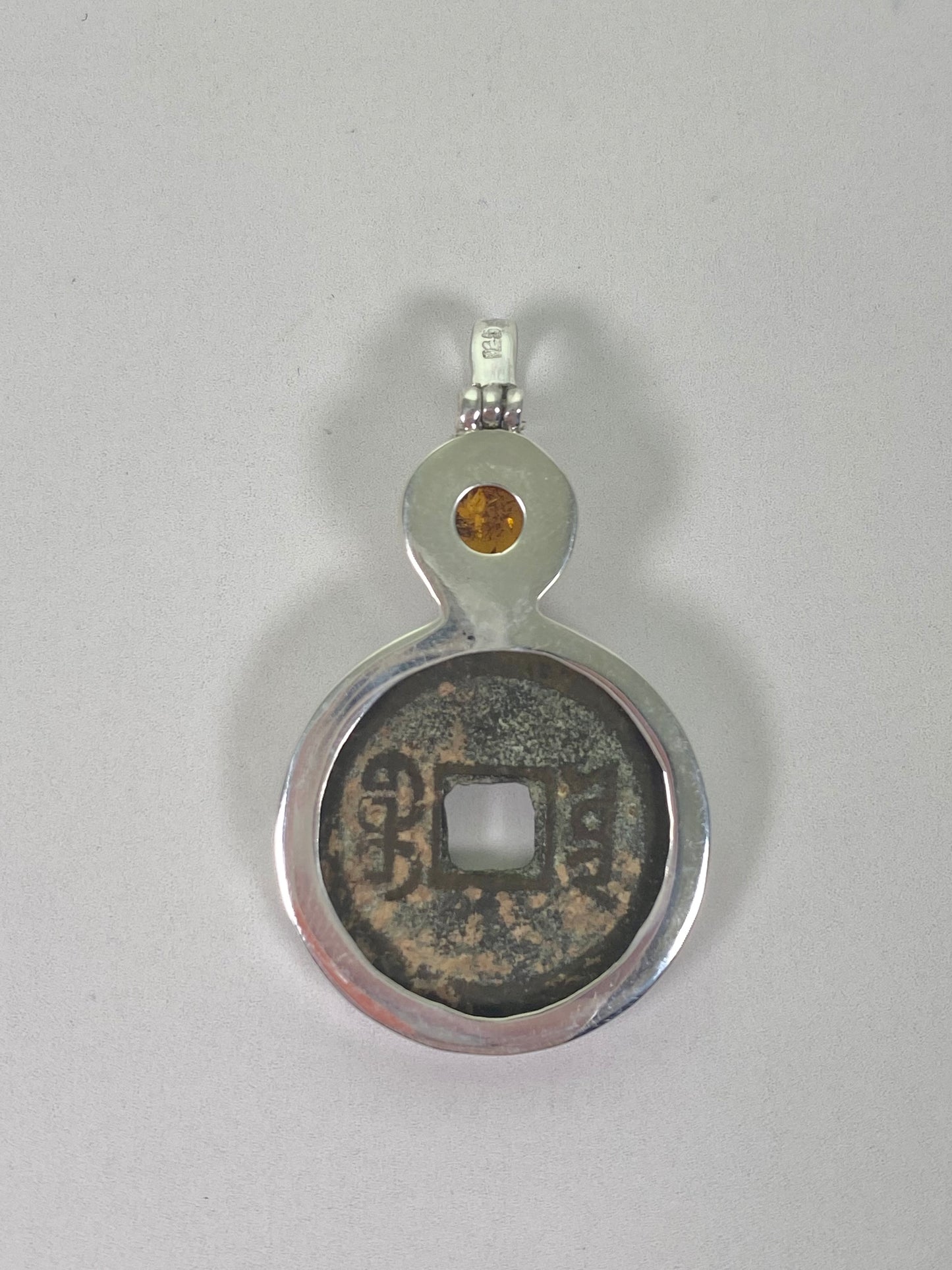 Antique Qing Dynasty Jia Qing Reign (1796-1820) Cash Coin Pendant in Sterling Silver w Amber