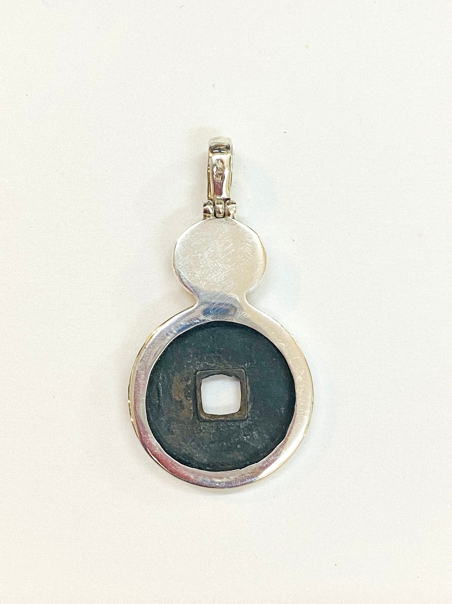Antique early Ming Yong Le Reign Cash Coin Pendant- Sterling Silver w Lapis circa 1408-1424