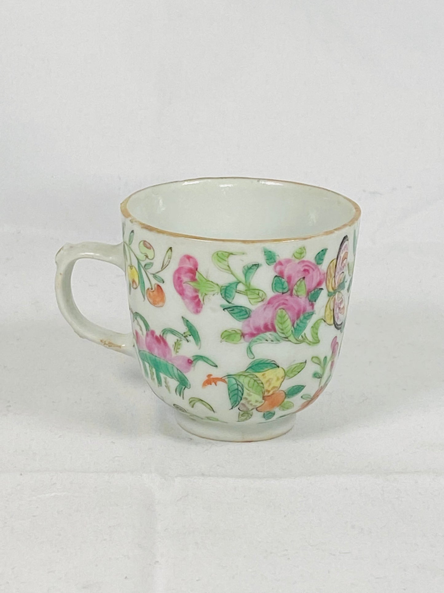 Antique Qing Celadon Porcelain Teacup w Canton famille rose enamels. Tongzhi period circa 1860