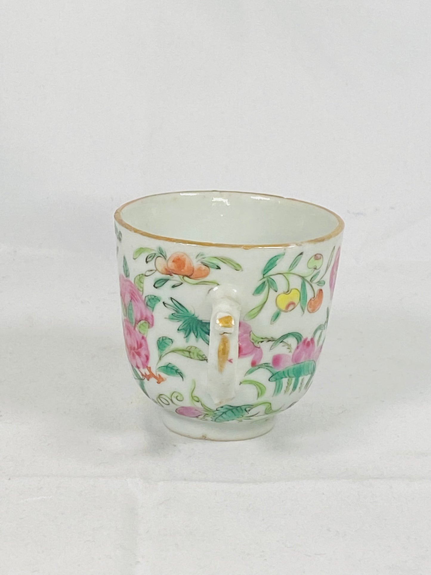 Antique Qing Celadon Porcelain Teacup w Canton famille rose enamels. Tongzhi period circa 1860