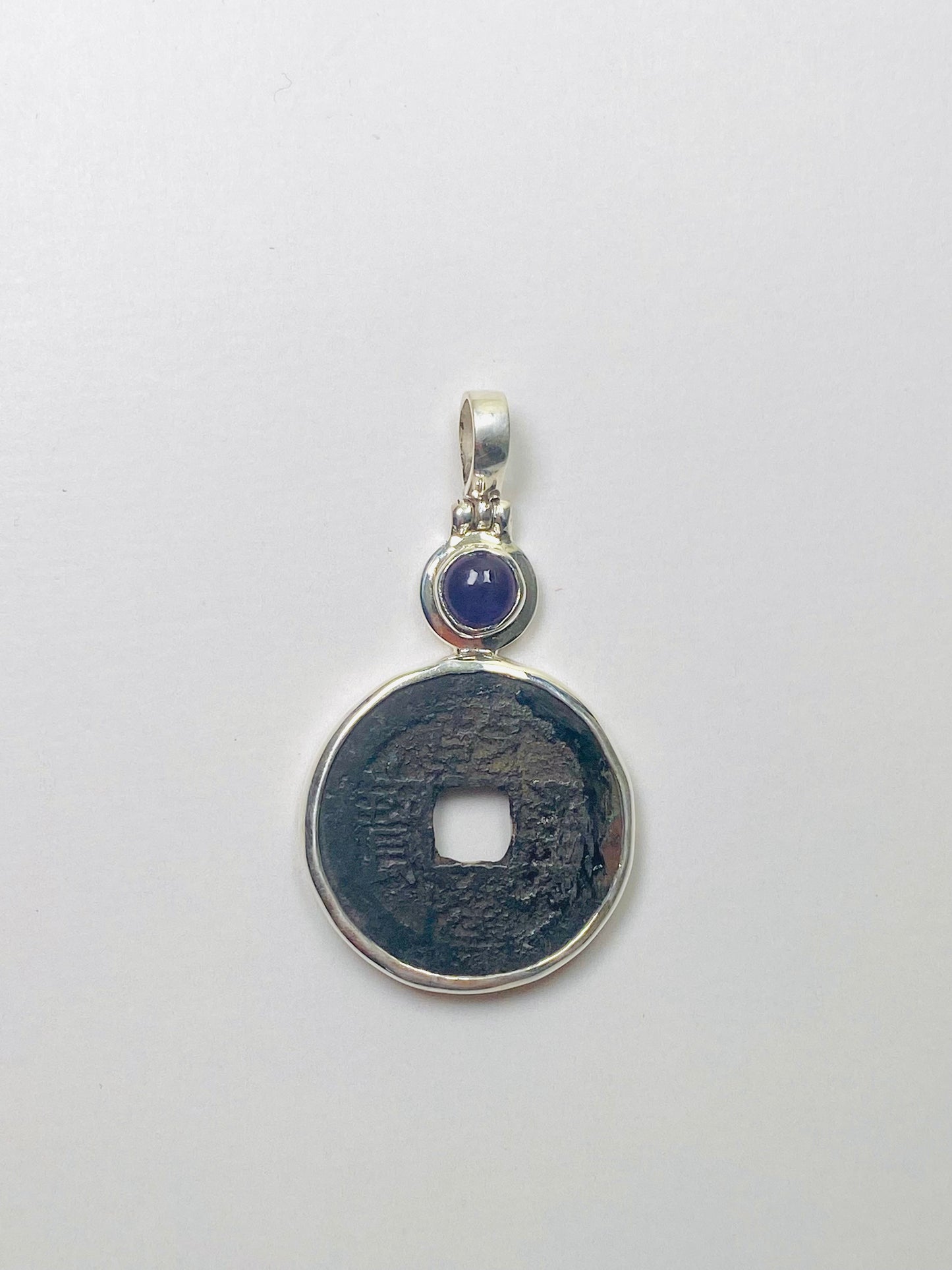 Antique Qing Dynasty Qianlong Reign (1735-1796) Cash Coin Pendant in Sterling Silver w Amethyst
