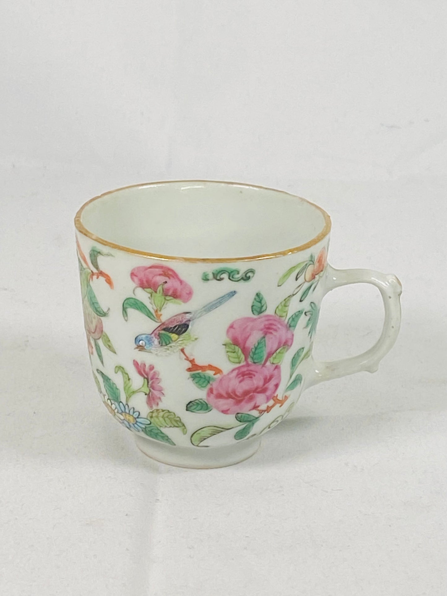 Antique Qing Celadon Porcelain Teacup w Canton famille rose enamels. Tongzhi period circa 1860